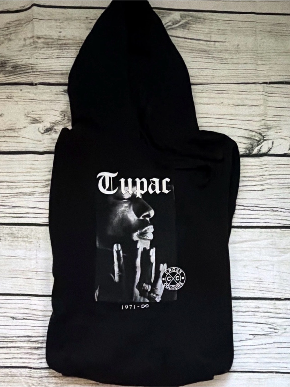 ♡ Cross Colours Tupac Shakur Black Graphic Hoodie - Portrait S